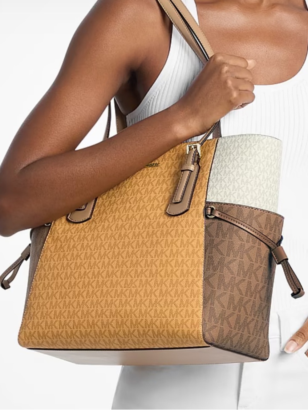 Michael Kors Tricolor Voyager Large Color-Block Signature Logo Tote Shoulder Bag